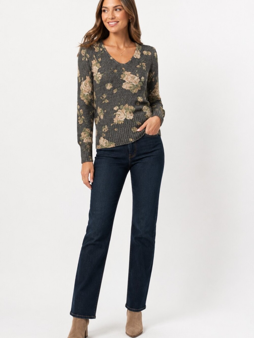NWT Rachel Rachel Roy Womens Gray Floral V-Neck Knit‎  Sweater Small Cottagecore